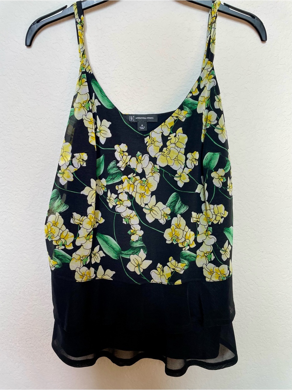 INC International Concepts Black Floral Sheer Scoop Neck Camisole M